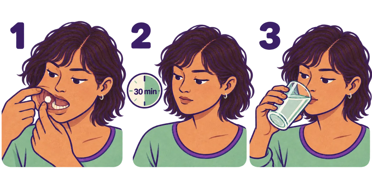 Diagrama de 3 pasos: 1) coloca las pastillas entre la mejilla y la encía o bajo la lengua, 2) espera unos 30 minutos sin tragarlas, 3) traga con agua lo que quede sin disolver
