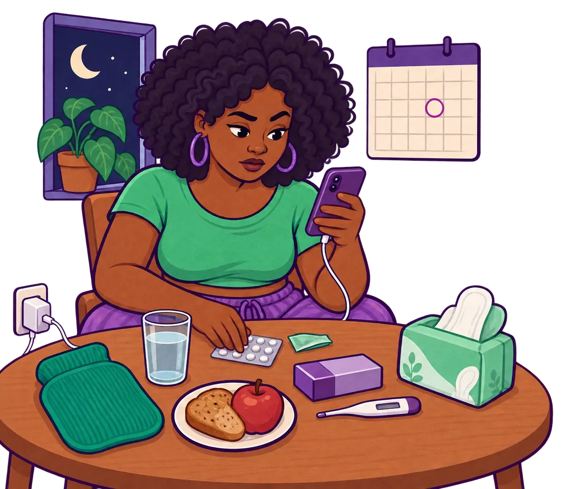 Mujer revisando información en su celular antes de empezar, con agua y medicamentos cerca