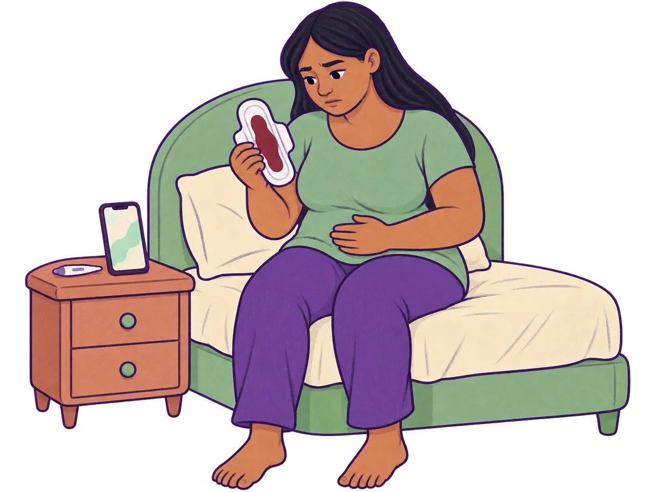 Mujer sentada en la cama mira con preocupación una toalla sanitaria; en la mesita, un termómetro y el celular.
