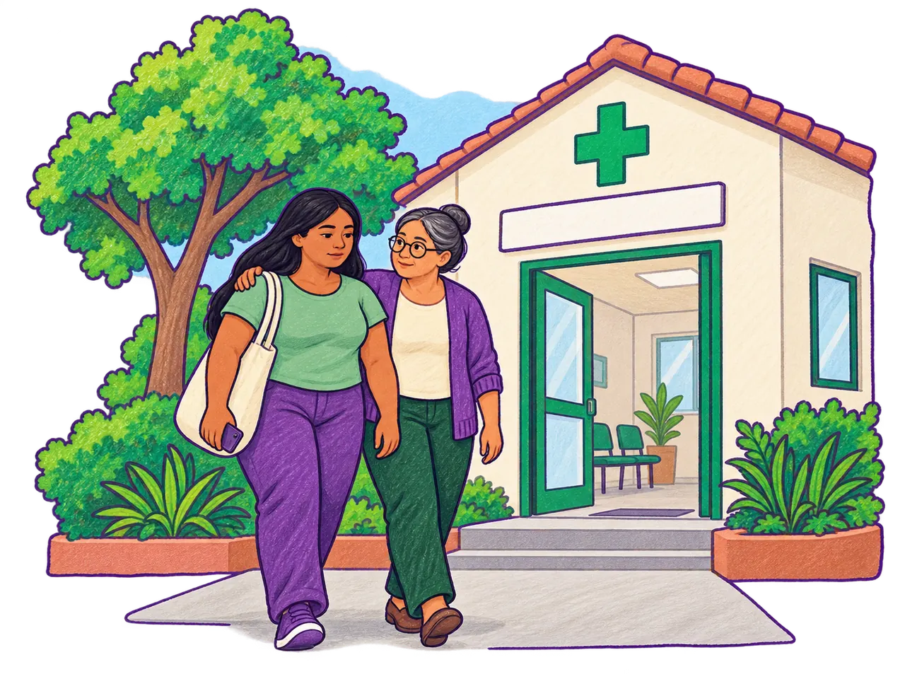 Dos mujeres llegan juntas a un centro de salud pequeño.
