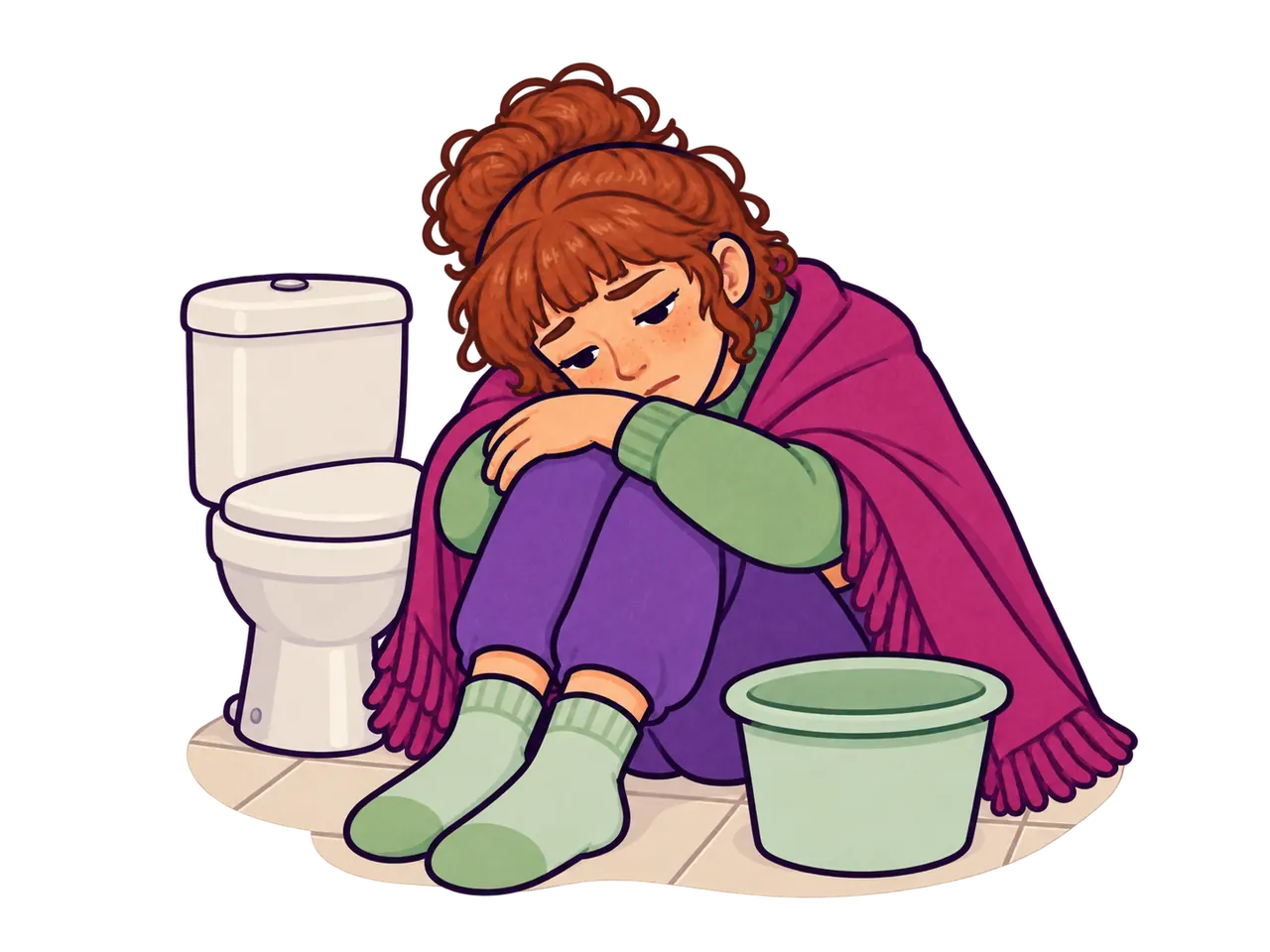 Joven sentada en el piso del baño con una manta, pálida y agotada.