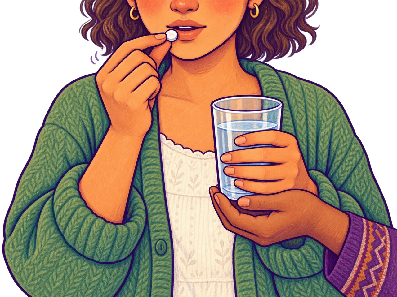 Manos llevándose una pastilla blanca a la boca con un vaso de agua; otra persona sostiene el vaso.