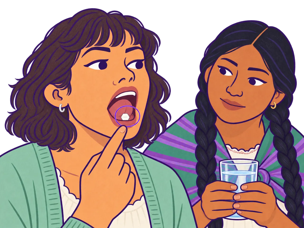 Perfil con una pastilla colocada debajo de la lengua, señalada con un círculo; una persona acompaña.