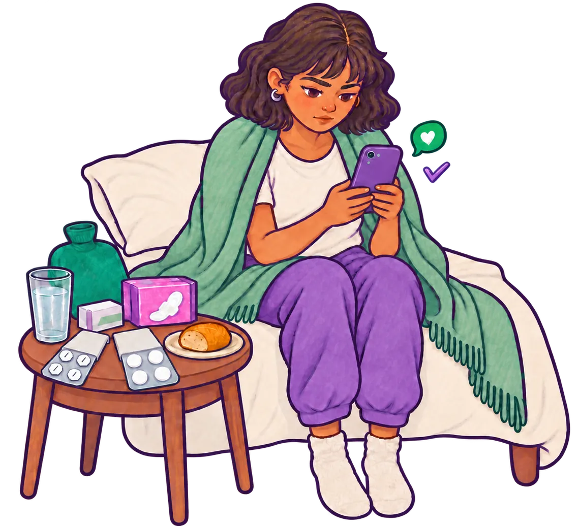 Joven sentada en la cama con una manta sobre los hombros revisa su celular; a su lado, una mesita con agua, blísters de pastillas, toallas higiénicas, pan y una bolsa de agua caliente.