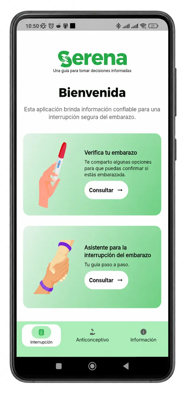 Captura de la app Serena mostrando la pantalla principal